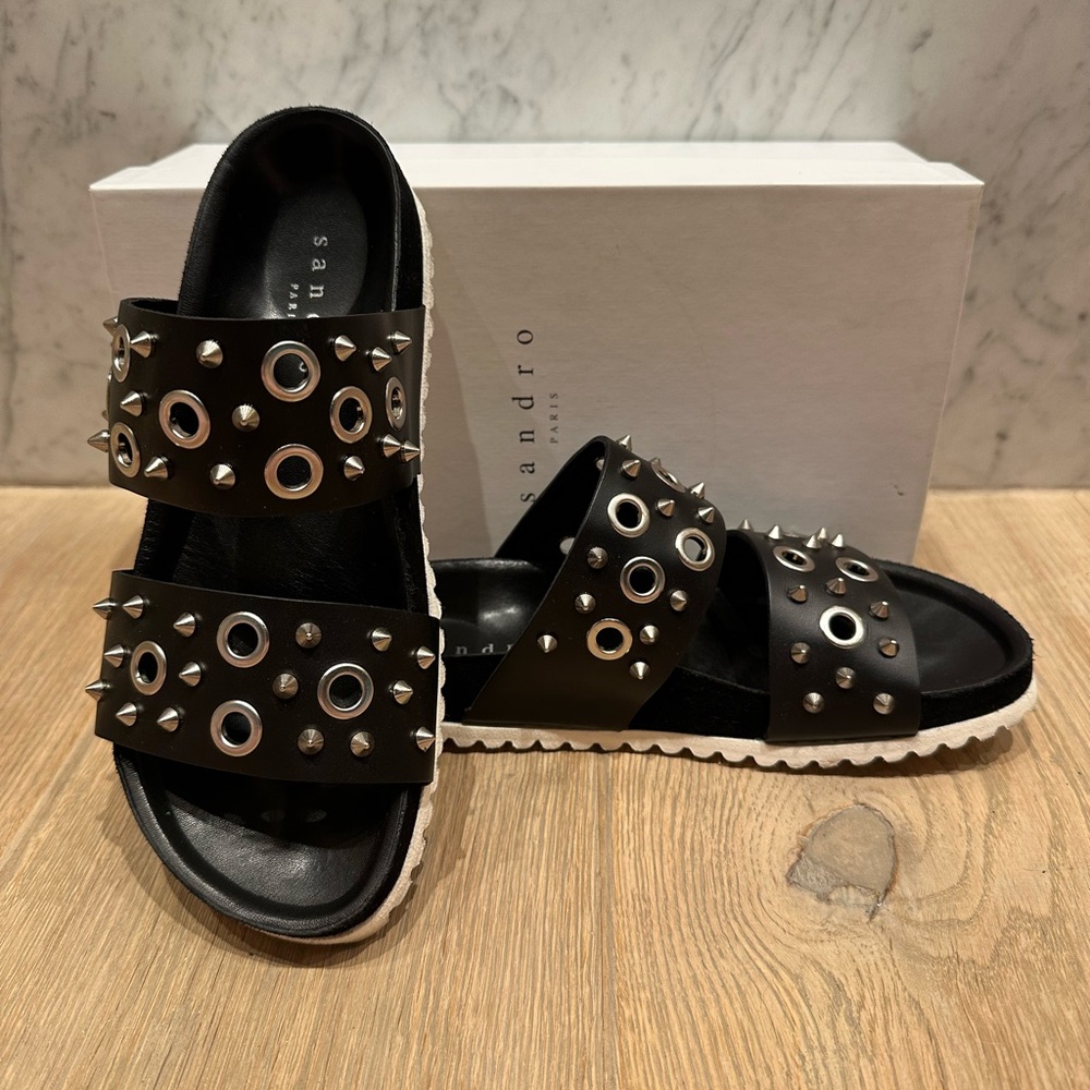 Sandro Andy Black Studded Slide Sandals